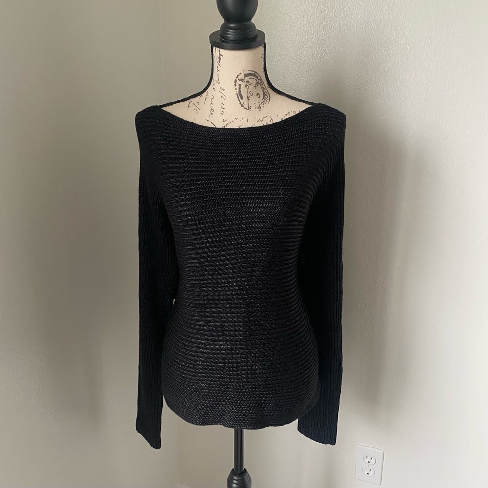 LAUREN Ralph Lauren Women’s XL Shiny Black Rib Knit Boat Neck Oversized Sweater - Picture 3 of 8